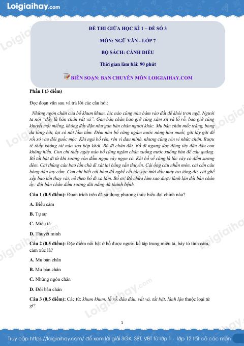 Đề thi giữa kì 1 Văn 7 Cánh diều - Đề số 3